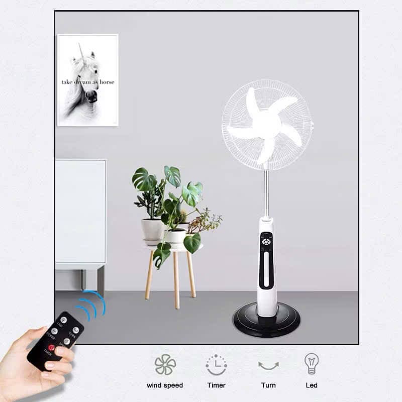 Quạt Tích Điện Năng Lượng Mặt Trời – Quạt Để Bàn 30cm, Sạc Điện & Pin Solar, Tặng Đèn LED