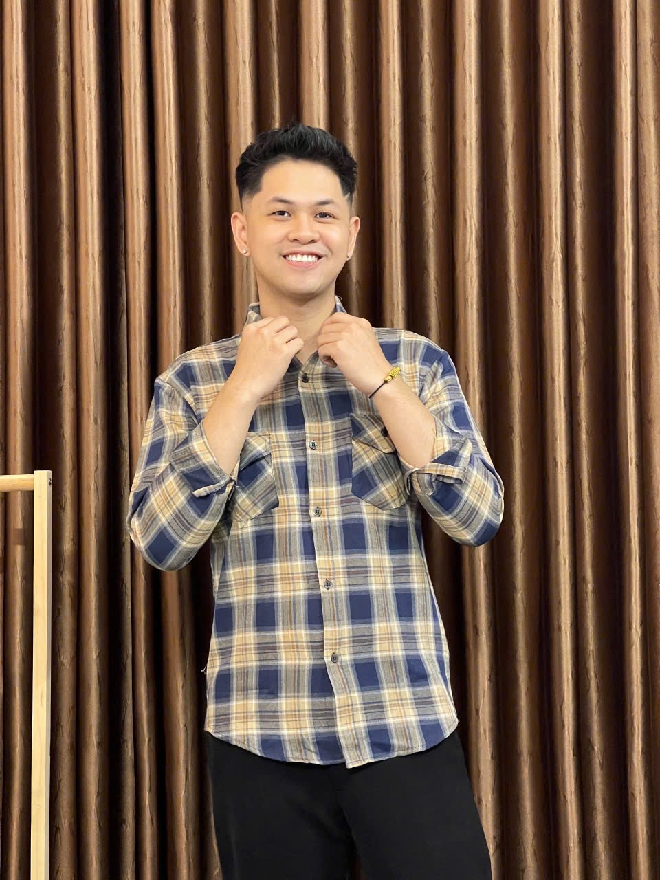 Áo sơ mi kẻ vàng xanh dài tay