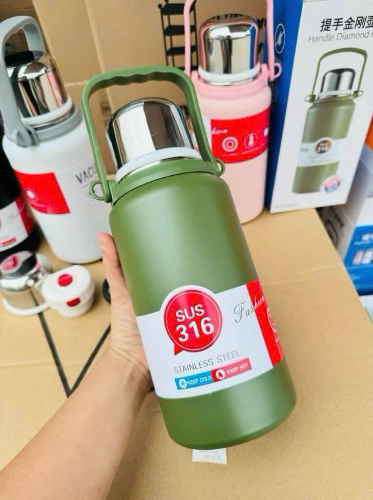 Bình Giữ Nhiệt Cao Cấp 900ml/1200ml Thiết Kế Độc Đáo, Inox 316, Có Nắp Uống & Dây Đeo Nhỏ Gọn, Quai 