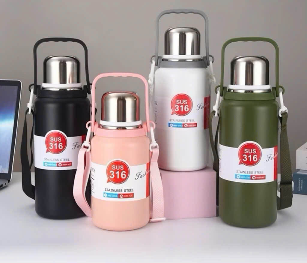 Bình Giữ Nhiệt Cao Cấp 900ml/1200ml Thiết Kế Độc Đáo, Inox 316, Có Nắp Uống & Dây Đeo Nhỏ Gọn, Quai 