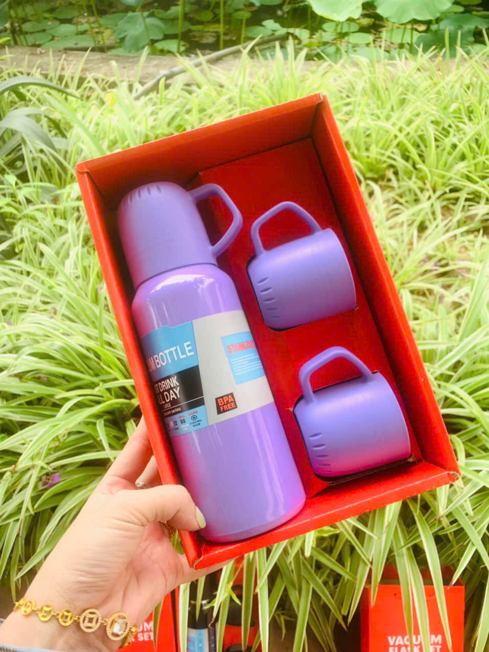 Bình giữ nhiệt inox dung tích 538ml nhỏ gọn Ly Giữ Nhiệt Cao Cấp Kèm 2 Cốc hộp làm quà