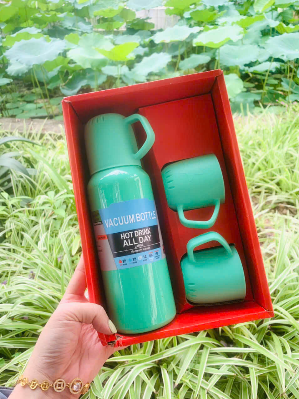 Bình giữ nhiệt inox dung tích 538ml nhỏ gọn Ly Giữ Nhiệt Cao Cấp Kèm 2 Cốc hộp làm quà