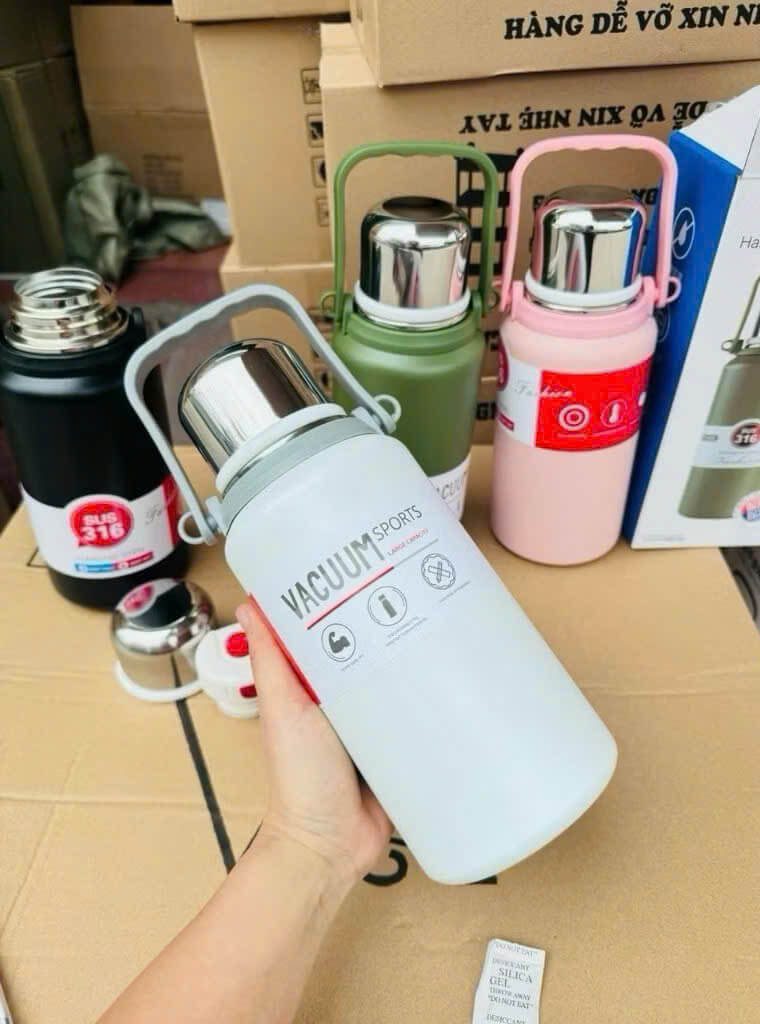 Bình Giữ Nhiệt Cao Cấp 900ml/1200ml Thiết Kế Độc Đáo, Inox 316, Có Nắp Uống & Dây Đeo Nhỏ Gọn, Quai 